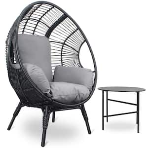 Black Wicker Outdoor Chaise Lounge, Egg Chair with Gray Cushions and Side Table