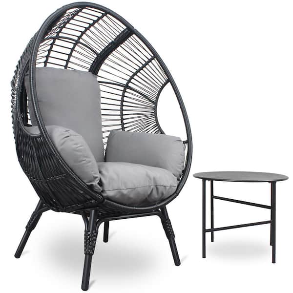 Sudzendf Black Wicker Outdoor Chaise Lounge, Egg Chair with Gray Cushions and Side Table