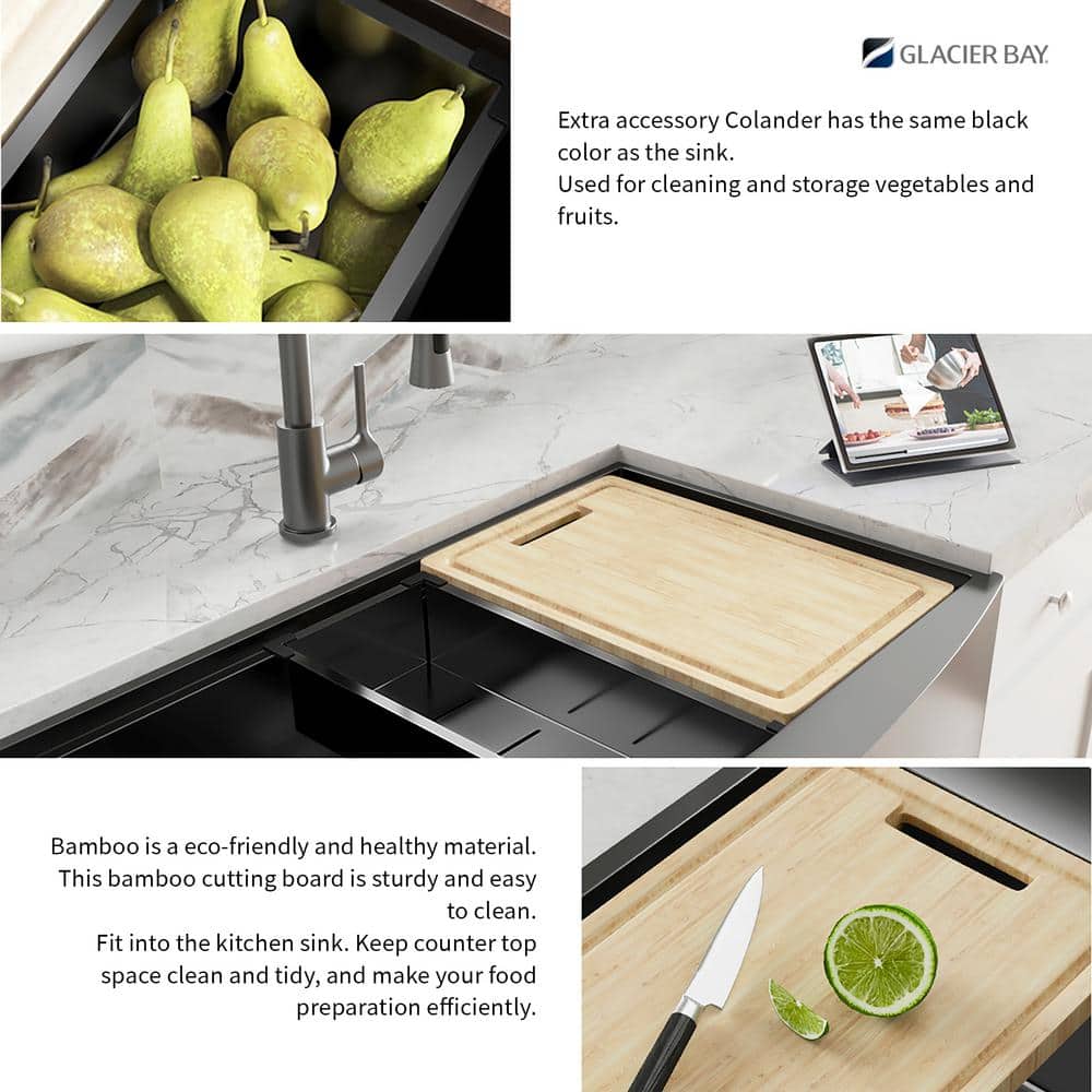 Gunmetal Black Stainless Steel Farmhouse Kitchen Sink with Faucet and Accessories