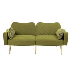 Modern 65 in. Olive Velvet Couch 2-Seater Loveseat Sofas Sleeper Sofa with Armrest and 2-Bolster-Pillows