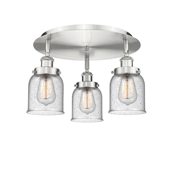 Innovations Bell 16.75 in. 3-Light Satin Nickel Art Nouveau Flush Mount with Seeded Glass Shade