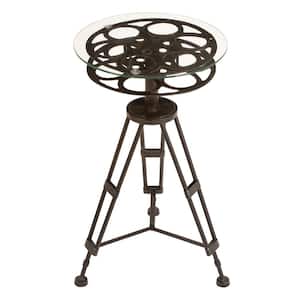 15 in. Black Film Reel Large Round Glass End Accent Table with Tripod Legs and Glass Top