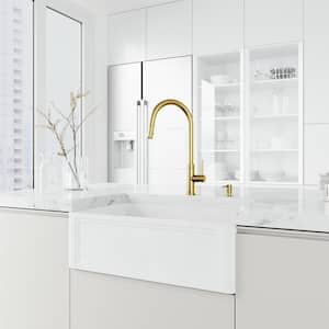 Bristol Single Handle Pull-Down Sprayer Kitchen Faucet Set with Soap Dispenser in Matte Brushed Gold