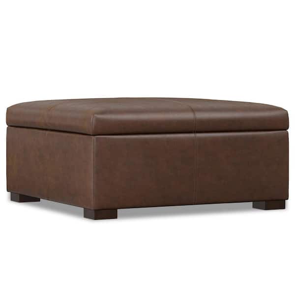 Gabbie 36 in. Square Coffee Table Storage Ottoman in Distressed Chestnut Brown Vegan Faux Leather, Assembled