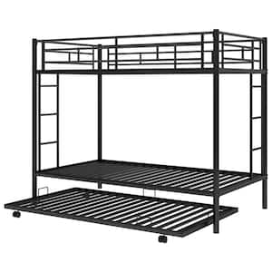 Black Twin Size Metal Bunk Bed with Trundle Twin Over Twin Bunk Bed Frame with 2-Ladders and Safety Rails for Kids