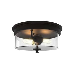 13 in. 2-Light Matte Black Flush Mount Ceiling Light Fixture with Glass Shade and Bulbs Included