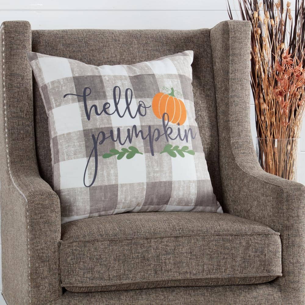 Hello Pumpkin Gray Check Fall Cotton Throw Pillow 18"