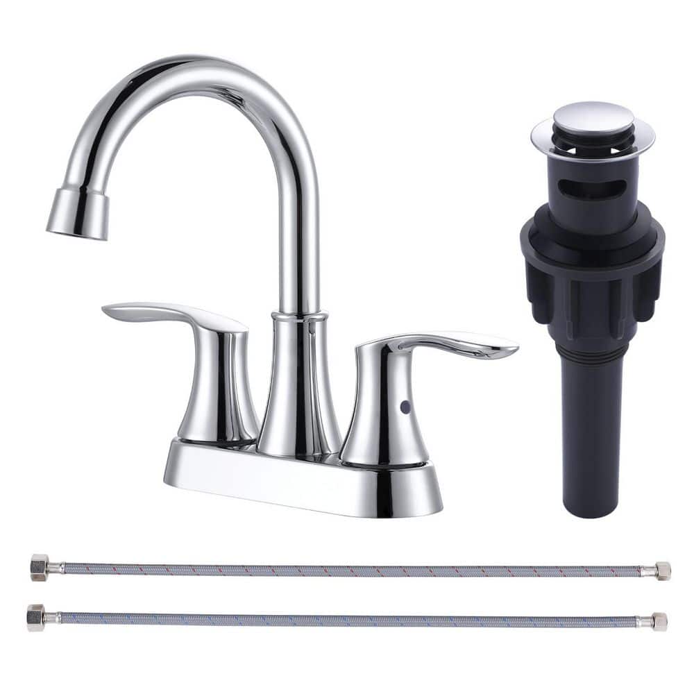 4 in Centerset Double Handle High Arc Stainless Steel Bathroom Faucet with Deckplate and Pop Up Drain in Polished Chrome price history on PriceWatchPro