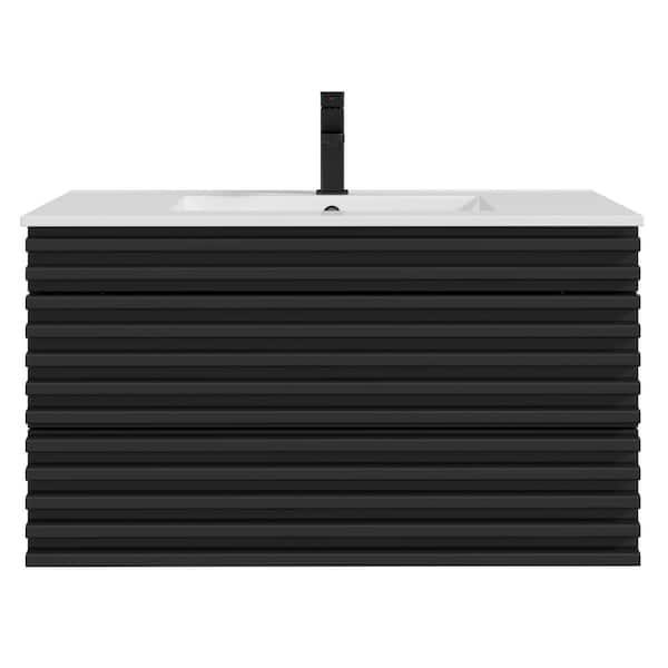 36 in. W x 18.3 in. D x 19.7 in. H Floating 1-Sink Bath Vanity in Black with White Ceramic Top and Drain Faucet Set