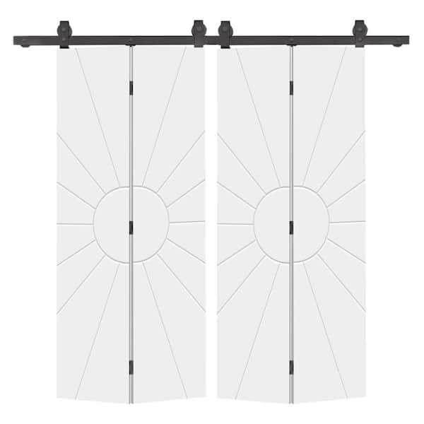 Sun 72 in. x 80 in. Hollow Core White Painted MDF Composite Bi-Fold Double Barn Door with Sliding Hardware Kit