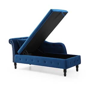 60" W Blue Velvet Storage Chaise Lounge with 1 Pillow