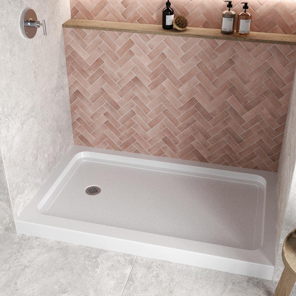 Glossy White Rectangular Acrylic Alcove Shower Base with Left Drain