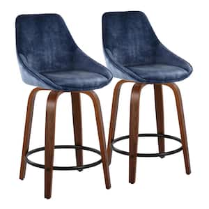Diana 24.75 in. Blue Velvet, Walnut Wood, and Black Metal Fixed-Height Counter Stool (Set of 2)