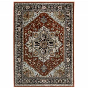 Blue Beige Grey Gold Green and Rust Red 3 ft. x 5 ft. Oriental Power Loom Stain Resistant Fringe with Area Rug
