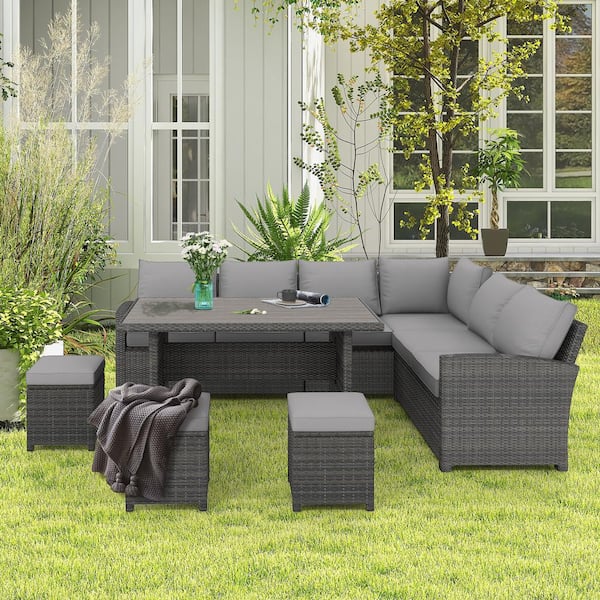 Unbranded 7 Piece Hand-Woven Wicker Sofa Sectional Set with Gray Cushion,for Garden, Lawn, Balcony