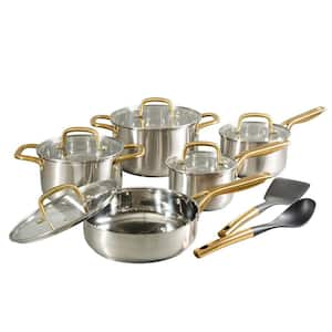 Davinelle 12 Piece Stainless Steel Cookware Set in Silver with Gold Handle