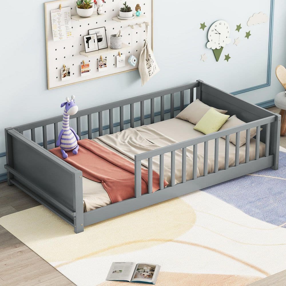 Qualler Gray Wood Frame Twin size Floor Platform Bed with Built-in Book ...