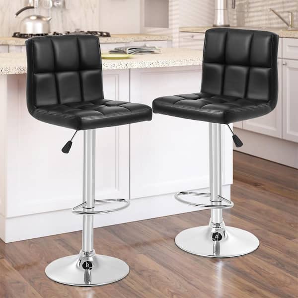 Reiner 37 in. Black Low Back Swivel Metal Bar Stool with Faux Leather Seat (Set of 2)