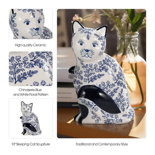 Liv & Skye Blue 6 in. x 10 in. Ceramic Cat Chinoiserie Vintage