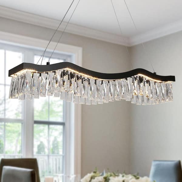 Thelonious 1-Light Dimmable Integrated LED Matte Black Crystal Linear Chandelier for Living Room