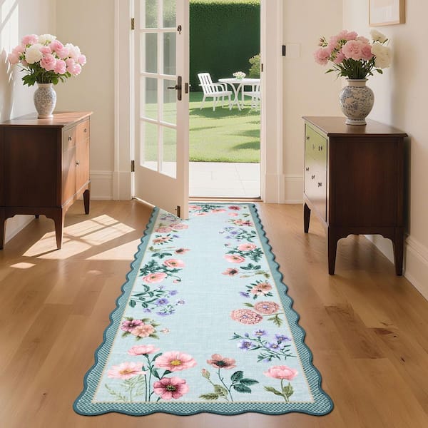 Light Blue 2 ft. x 6 ft. Floral Scalloped Rug Low Pile Non-Slip Polyester for Living Rooms and Bedrooms
