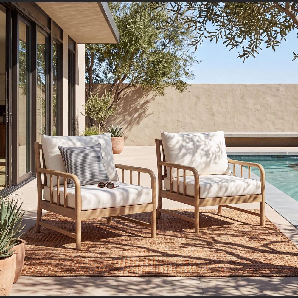 Light Teak Finish Wood Patio Outdoor Lounge Chairs with PE Rattan Back and Beige Cushions, Set of 2 price history on PriceWatchPro