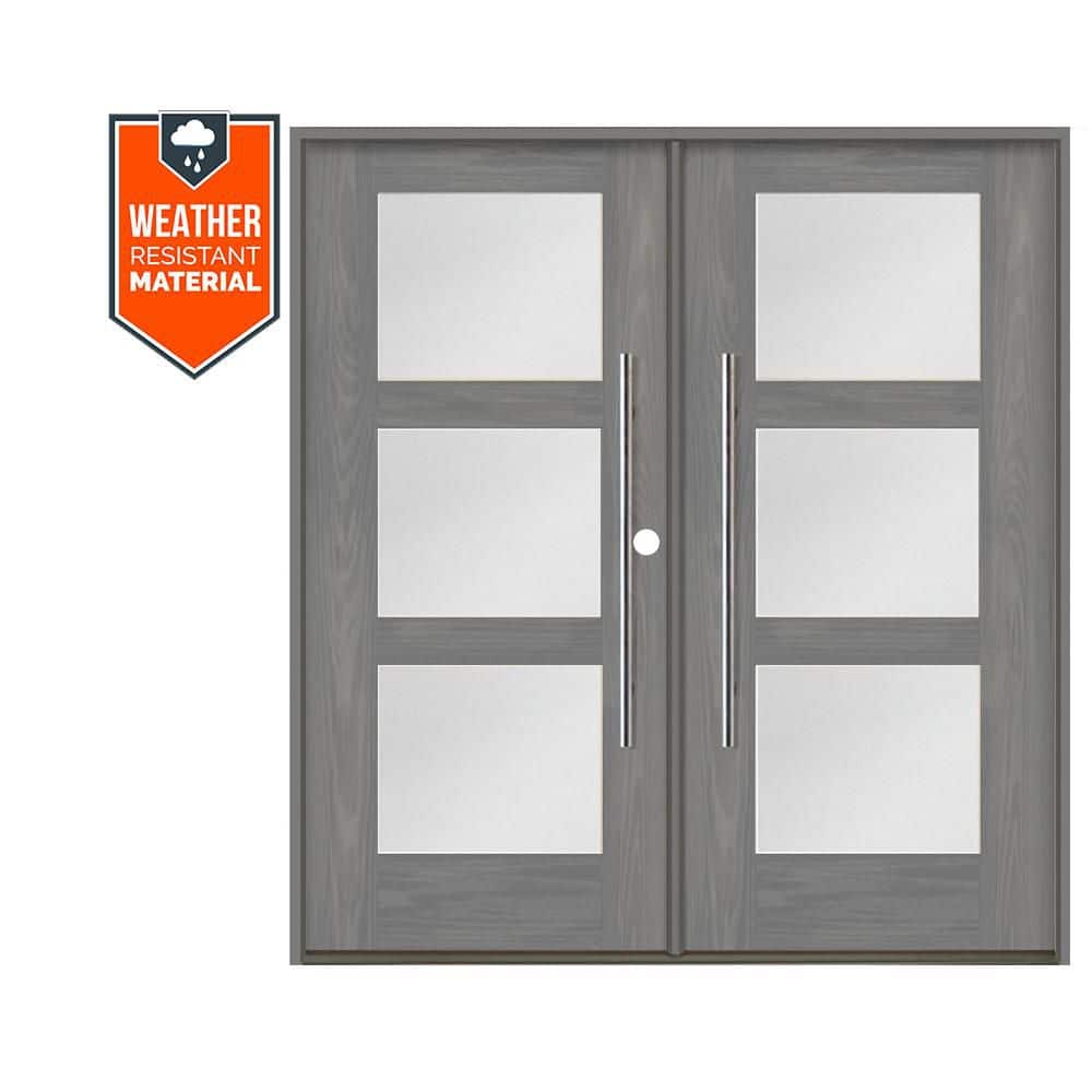 Faux Pivot 72 in. x 79 in. Left-Active/Inswing 3-Lite Satin Glass Malibu Grey Stain Double Fiberglass Prehung Front Door price history on PriceWatchPro