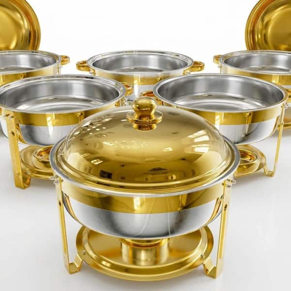 6-Pack 6.5 qt. Gold Stainless Steel Round Chafing Dish Buffet Set Lid Holder Stackable Wedding Catering
