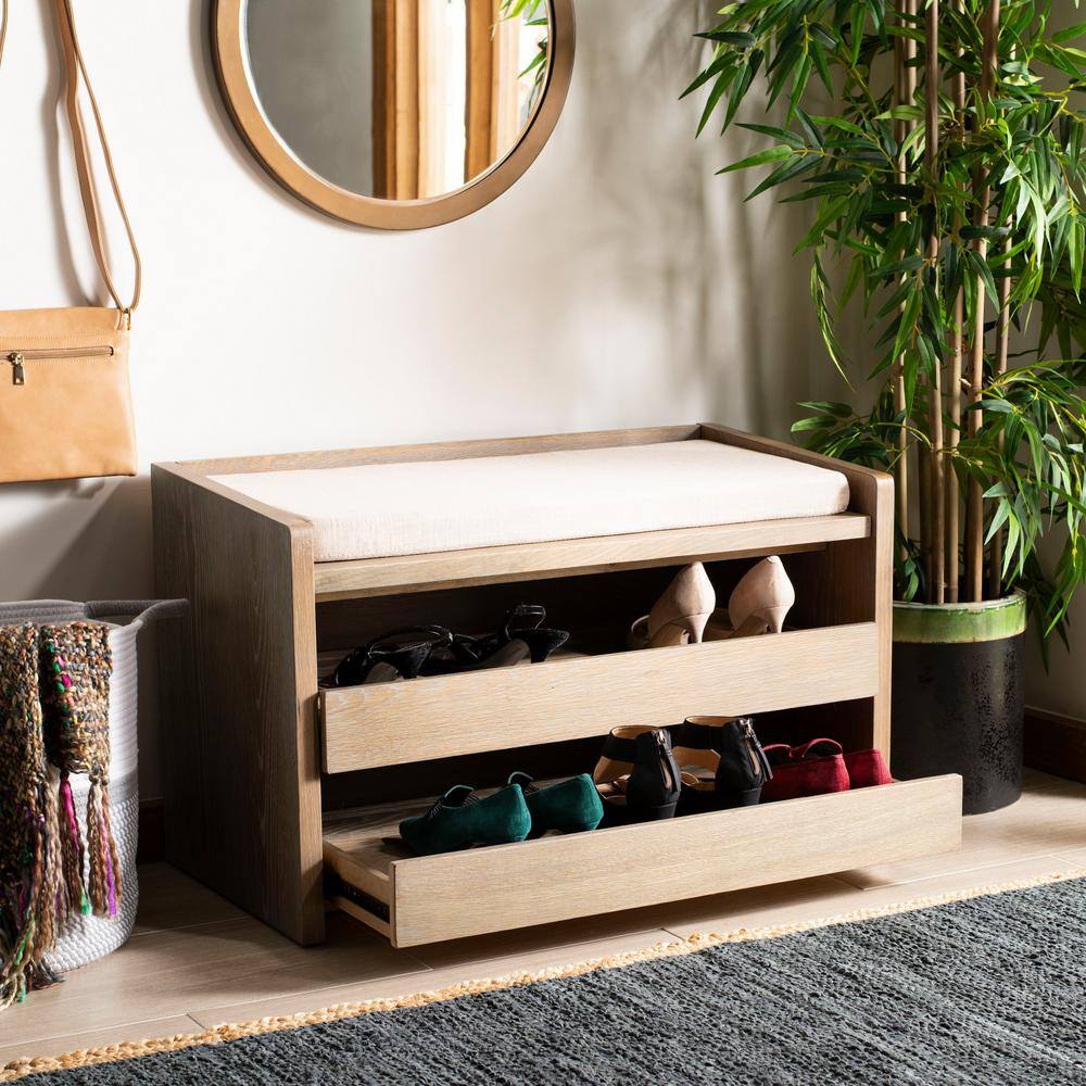 Percy Transitional 34'' Beige Linen and Rustic Oak Storage Bench