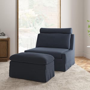 Anne Navy 45 in. W Modern Slipcovered Chair and a Half with Ottoman