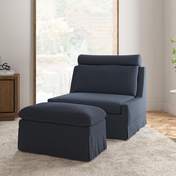 JAYDEN CREATION Anne Navy 45 in. W Modern Slipcovered Chair and a Half with Ottoman