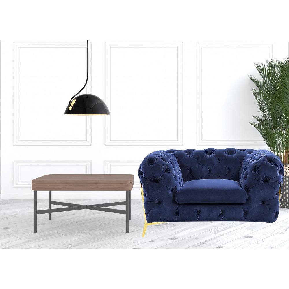 HomeRoots Valerie 30 in. Blue and Gold Velvet Arm Chair with Tufted