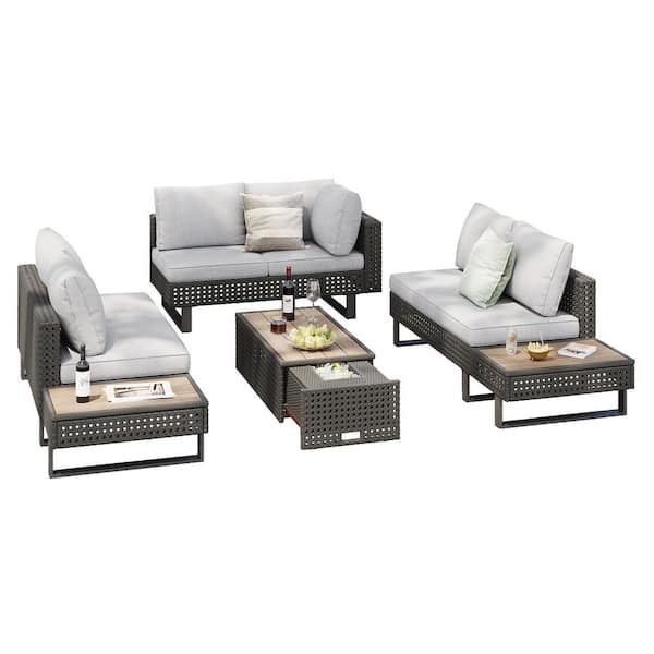 4-Piece Outdoor Patio Wricker Sectional Sofa Set with Extendable Coffee Table, Ice Bucket, Side Table, Cushions, Gray