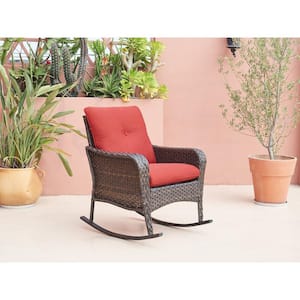 Brentwood Brown Wicker Outdoor Rocking Chair with CushionGuard Red Cushion