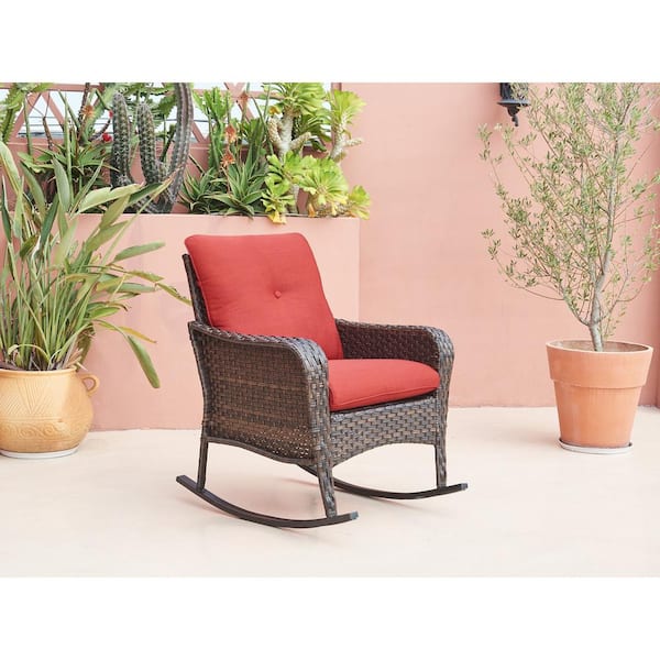 Gymojoy Brentwood Brown Wicker Outdoor Rocking Chair with CushionGuard Red Cushion