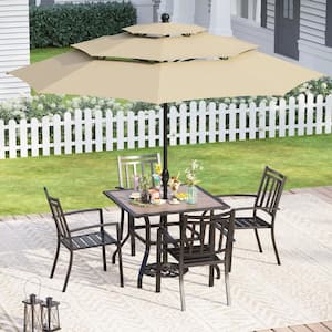 Black 6-Piece Metal Outdoor Patio Dining Set with Umbrella and Wood-Look Square Table and Stripe Stackable Chairs