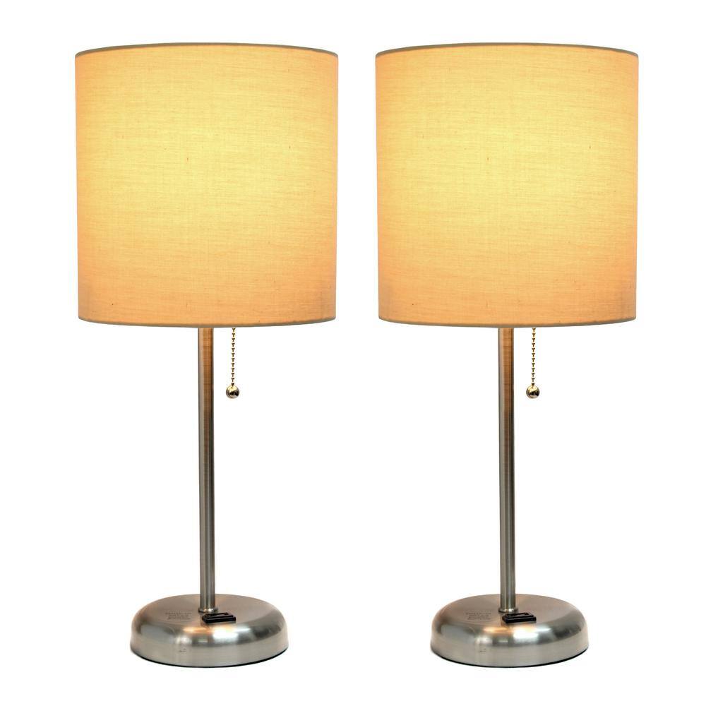 Brushed Steel and Tan Fabric Shade Table Lamp Set with Charging Outlet