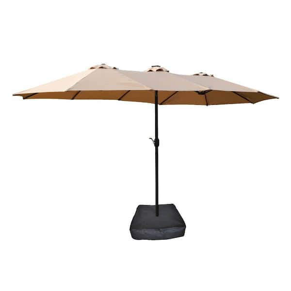 Zeus & Ruta 15x 9 ft. LED Large Double-Sided Rectangular Outdoor Twin Patio Market Umbrella in Taupe