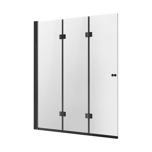 Bathtub Shower Door 51 in. W x 56 in. H Pivot Tub Door in Black with Clear Glass Texture Glass Frameless Foldable