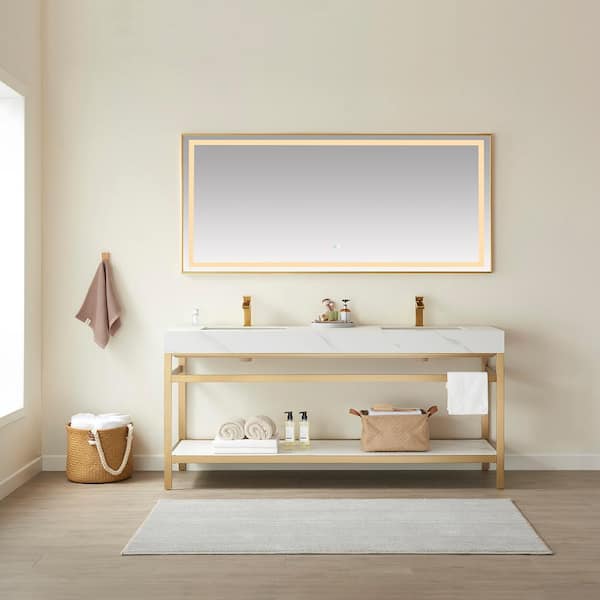 ROSWELL Funes 72 in. W x 22 in. D x 33.9 in. H Double Sink Bath Vanity in Brushed Gold Metal Stand with White Sintered Stone Top