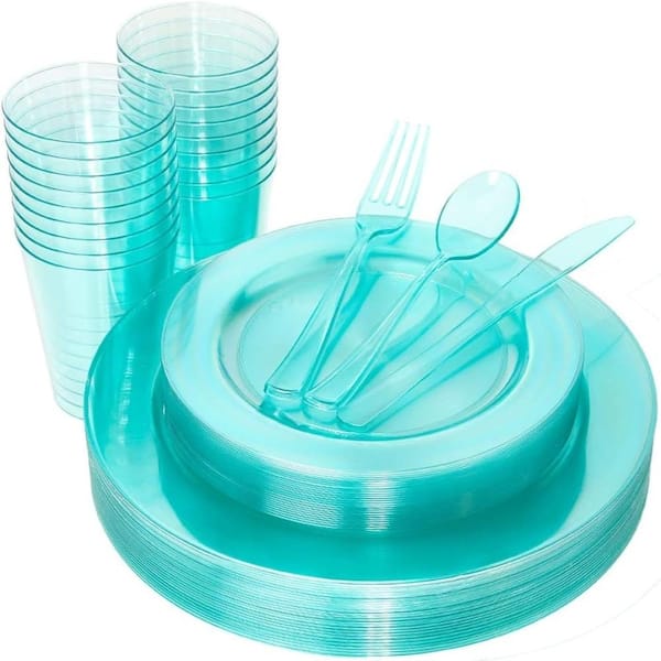 Green Neon Clear Plastic Dinnerware Set for 25 Guests - 25 Plates, 25 Flatware, 25 Cups 10 oz Party