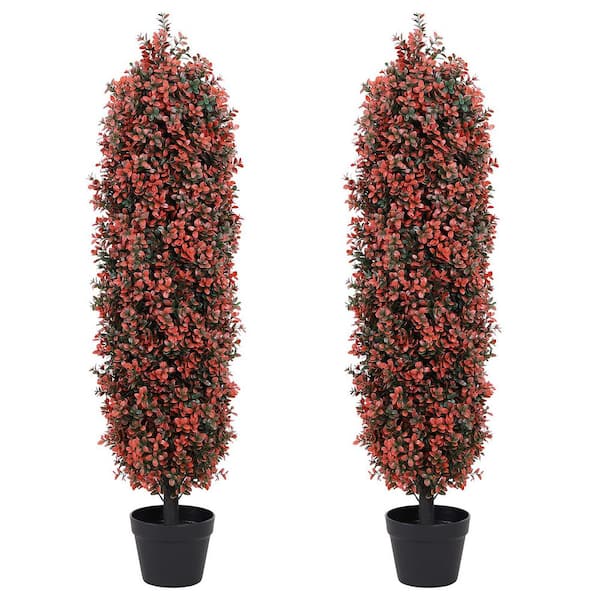 Zeus & Ruta 2 Pieces 4 ft. Artificial Topiary Cedar Tree, Fake Plants UV Resistant Faux Red Bushes and Shrubs for Front Porch