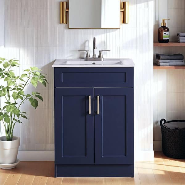 24 in. W x 18.5 in. D x 34 in. H. Modern Bathroom Vanity in Blue with White Ceramic Sink Top