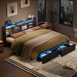 Gray Metal Frame King Size Platform Bed with Storage Drawers and LED Headboard with Charging Station