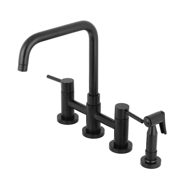 Kingston Brass Concord Double Handle Deck Mount Gooseneck Bridge Kitchen Faucet with Brass Sprayer in Matte Black