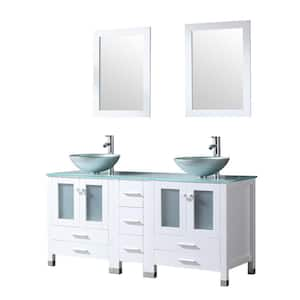 60 in. W x 21.5 in. D x 61 in. H Double Sinks Bath Vanity in White with Glass Top and Mirror