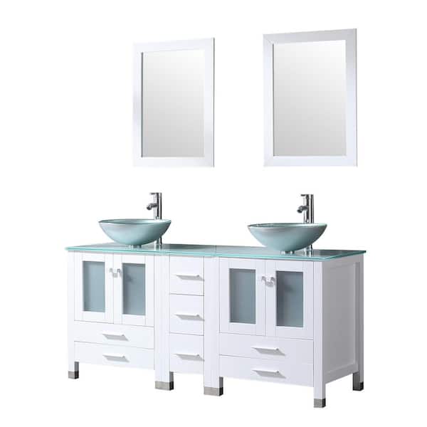 walsport 60 in. W x 21.5 in. D x 61 in. H Double Sinks Bath Vanity in White with Glass Top and Mirror