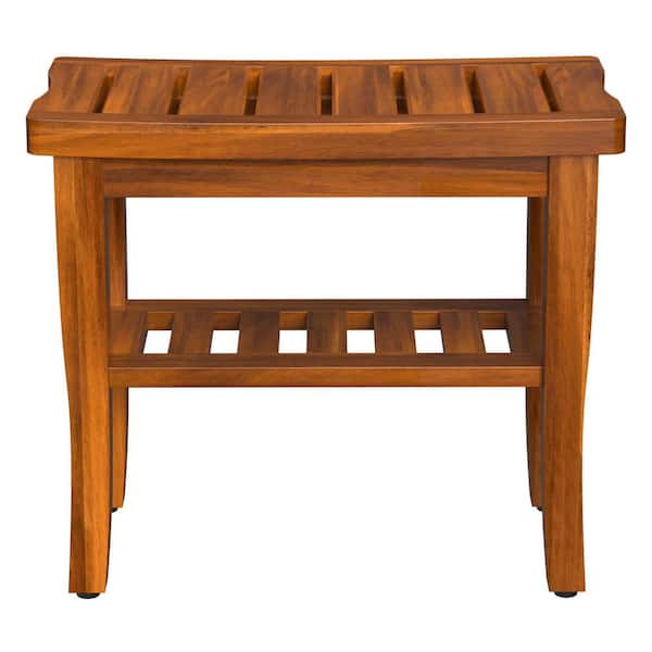 Teak Wood Waterproof Outdoor Storage Stool with Non-Slip Feet Shelf Curved Seat for Bathroom or Shower