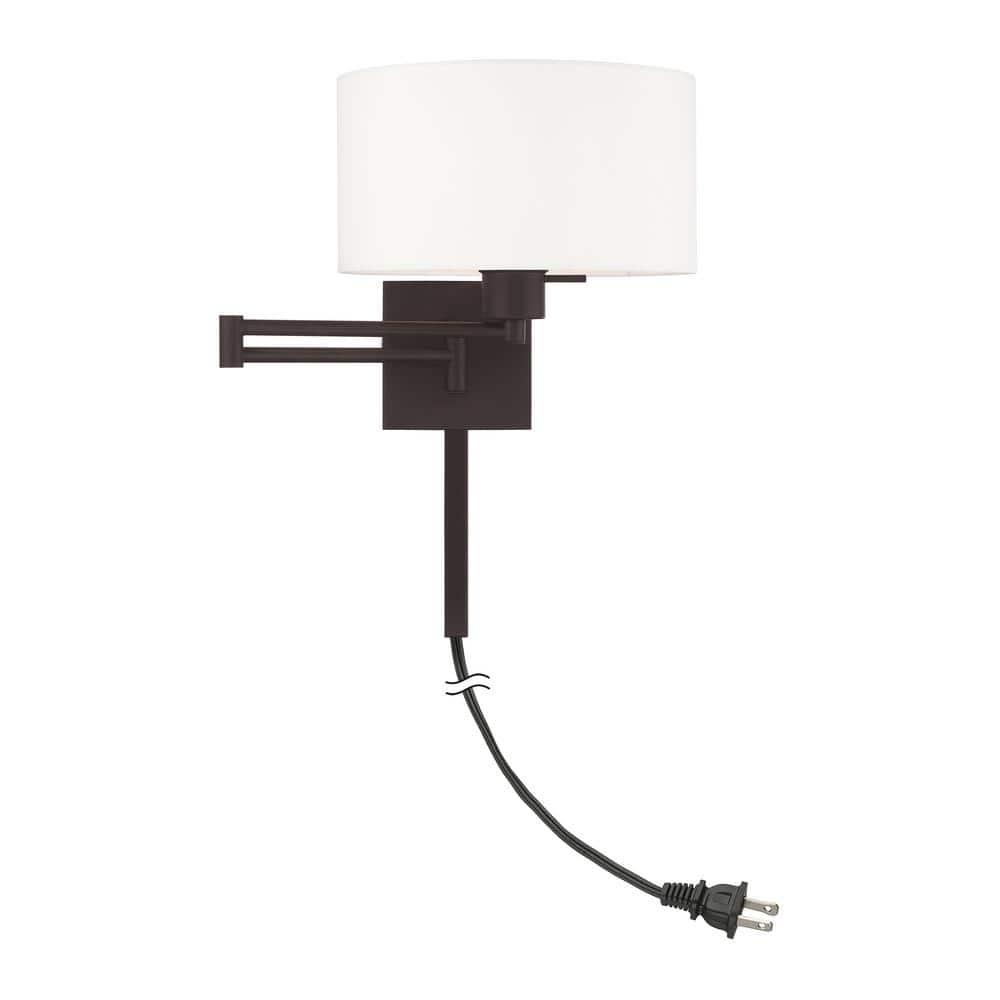 Transitional Bronze Swing Arm Wall Lamp with Off-White Fabric Shade