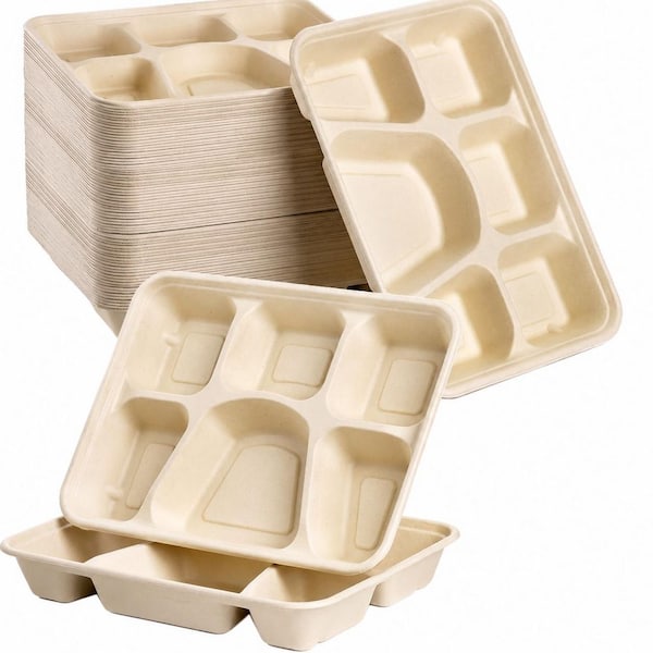 11 in. White Neutral Disposable Paper Plates Divided Tableware 6 Compartment 50 Pack for Dinner Buffet